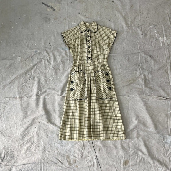 1940s Ivory/Black Cotton Checker Print Peter Pan Collar Day Dress Pockets RicRac - Picture 2 of 8